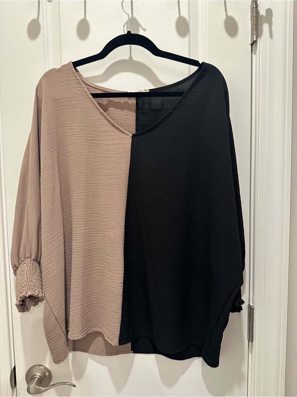 eesome Two-Tone Taupe and Black Draped Blouse